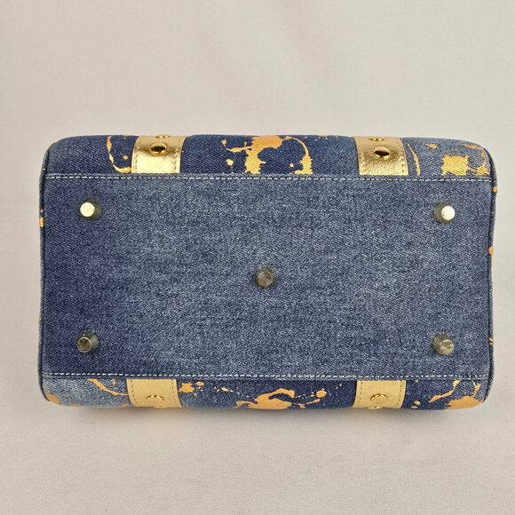 Junior Drake Metallic Gold Studded Leather Trimmed Blue Denim Purse - Picture 6 of 9